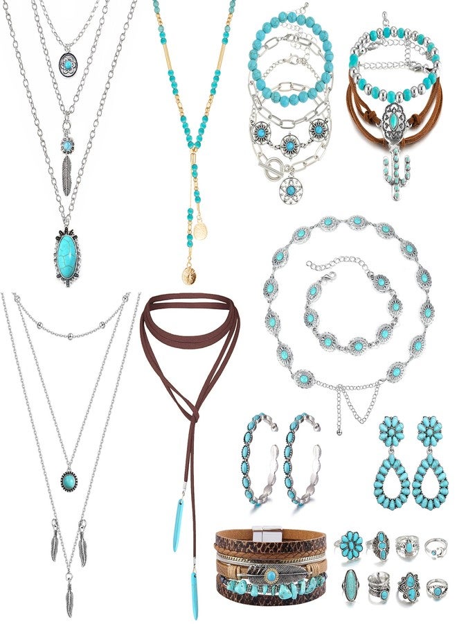 FEYIR Bohemian Turquoise Jewelry Set for Women Boho Turquoise Layered Necklace Bracelet Western Belt Stackable Ring Earrings Western Jewelry Accessories - Image 1